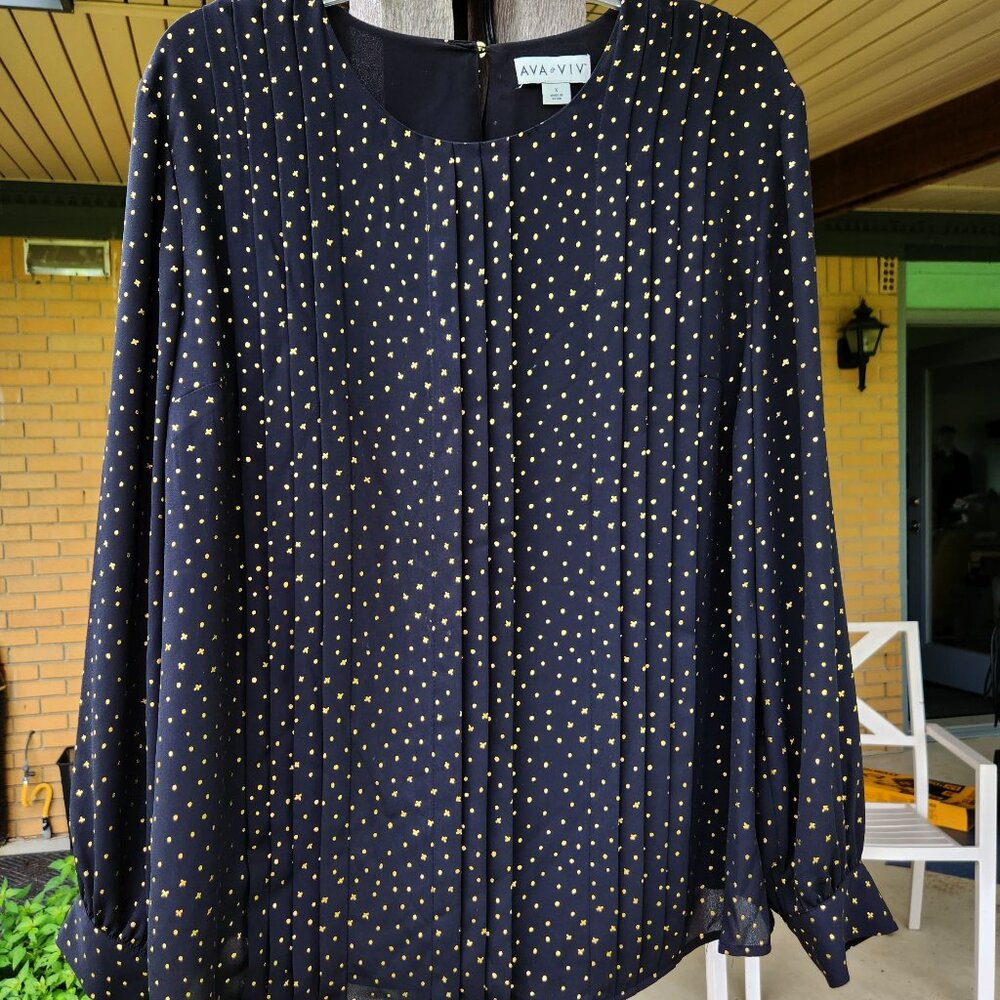 Ava & Viv Blouse Top Lined  Black with Gold Stars  Size X (14W)